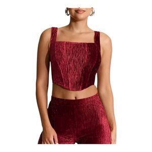 Naked Wardrobe Velvet Crop Corset Top Red Textured Square Neck NWOT Size M